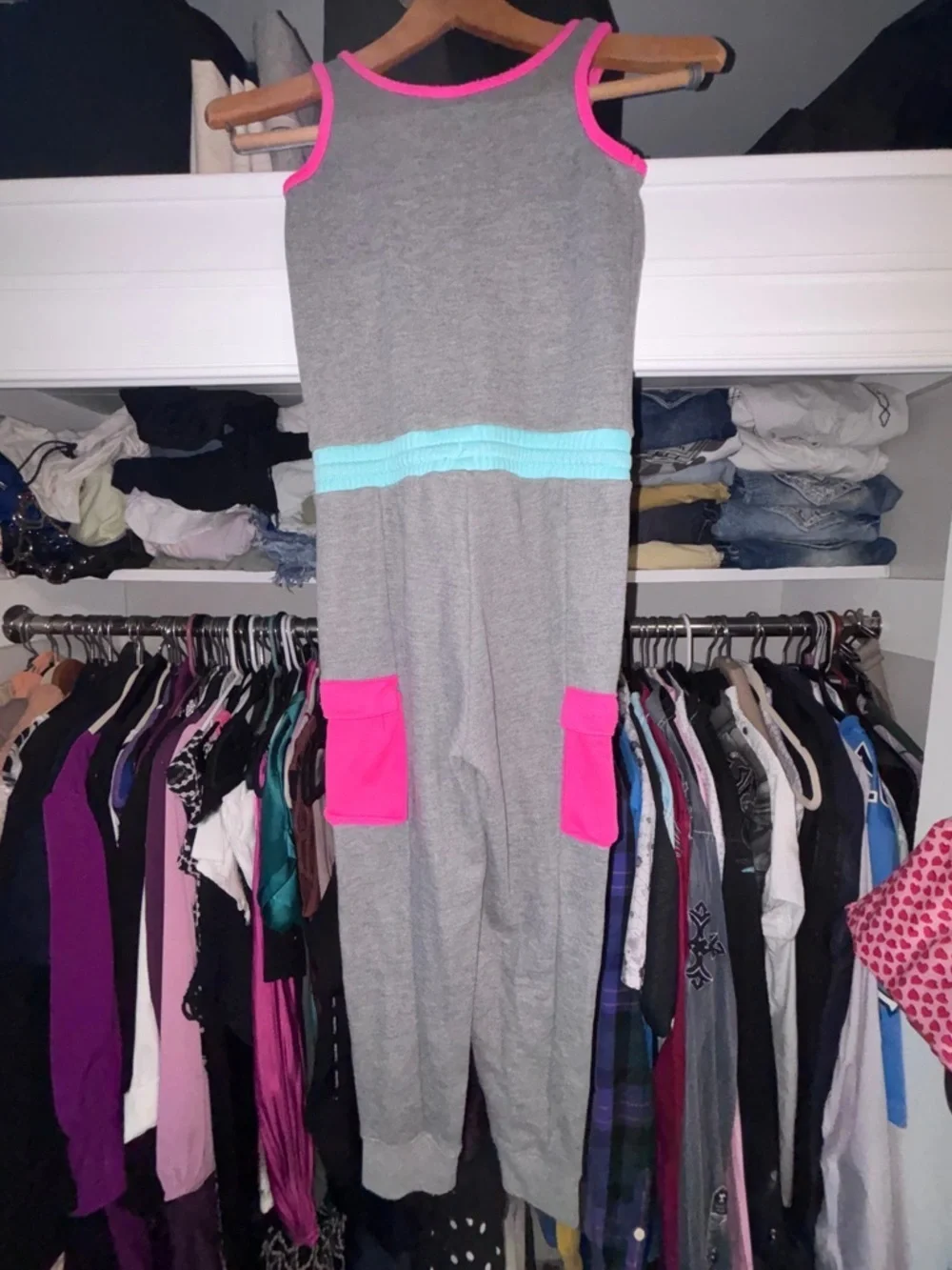 Nike Girls Sportswear Cargo Jumpsuit - Grey Pink Teal Colorblock Sz L or 6X